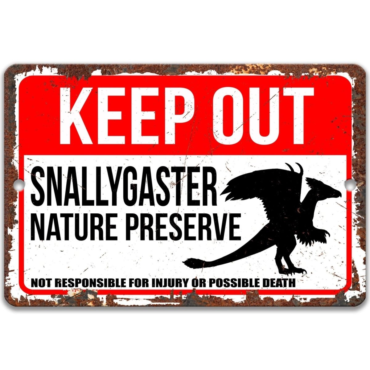 Keep out Snallygaster territory sign, rustic weathered finish, bold winged cryptid silhouette and warning text