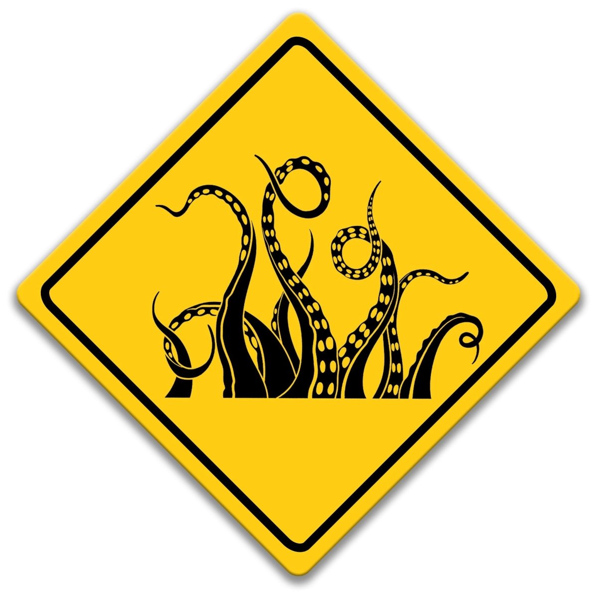 Kraken crossing sign, yellow diamond shape, black and white tentacle illustration