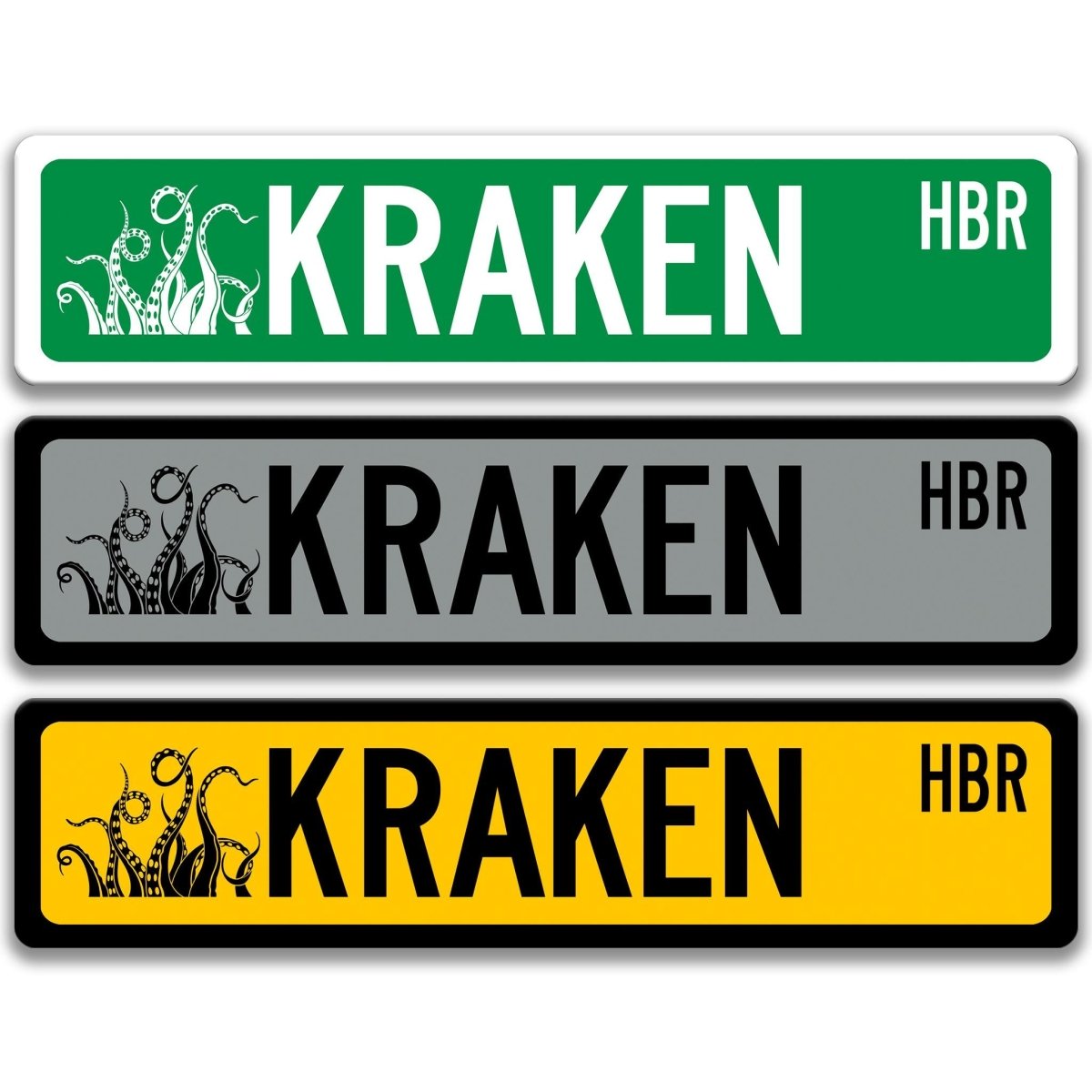Kraken HBR street name sign shown in aluminum color options, with kraken tentacle artwork