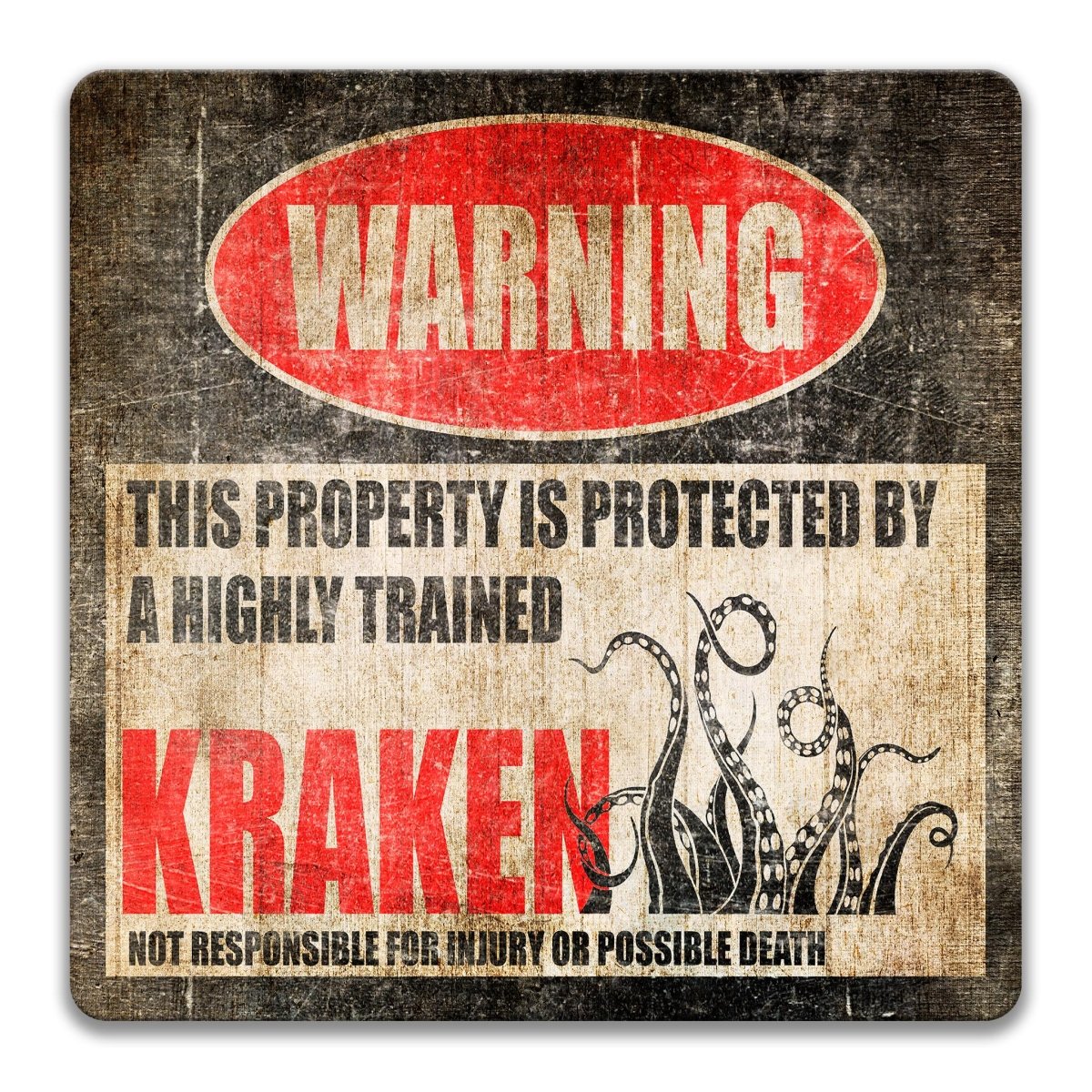 a warning sign that says "WARNING" and "KRAKEN" with an illustration of tentacles below the text.