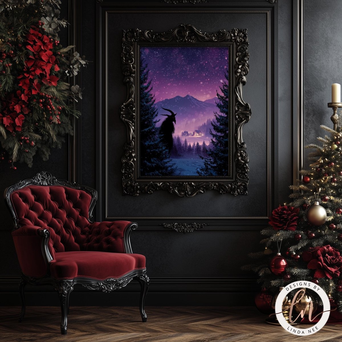 a dark, gothic-style room with a red velvet chair, a Christmas tree, and a framed painting of a mountain landscape with a purple sky and a silhouetted figure.
