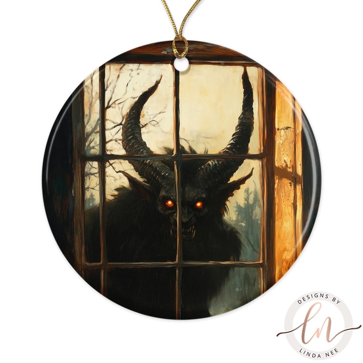 A dark, ominous image of a horned creature with glowing red eyes, possibly a monster or a demon, peering through a window.