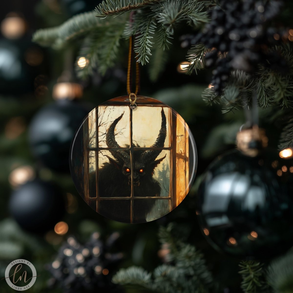 3-inch ceramic Krampus ornament with glossy finish and gold cord, original folklore artwork by Designs by Linda Nee