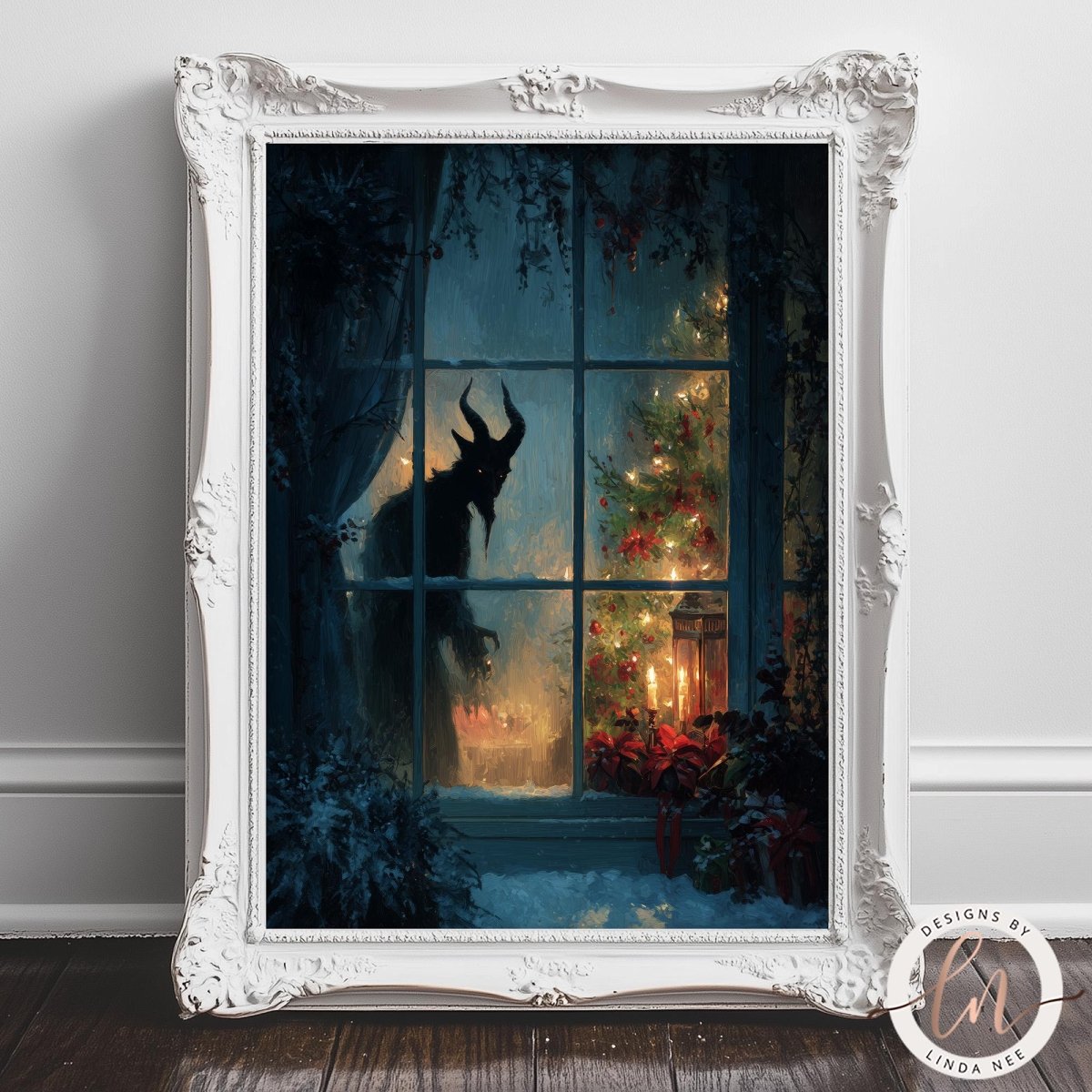 A framed painting depicting a dark, ominous figure silhouetted against a Christmas tree with twinkling lights, creating a spooky and eerie atmosphere.