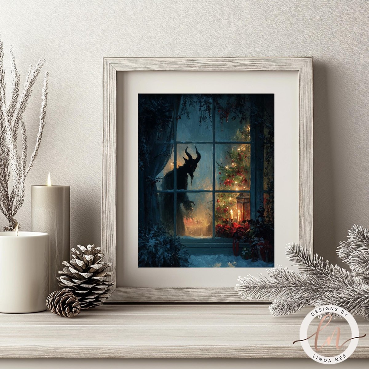 a framed print of a Christmas tree with a cat sitting on the windowsill, looking out the window.