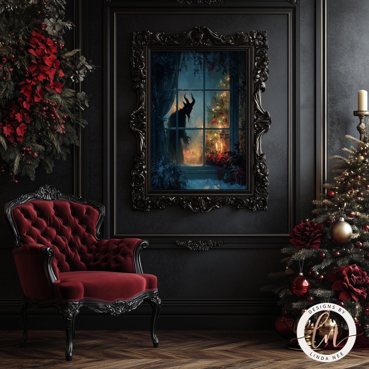a dark, gothic-style room with a large, ornate mirror on the wall, a red velvet armchair, and a Christmas tree decorated with red and gold ornaments.