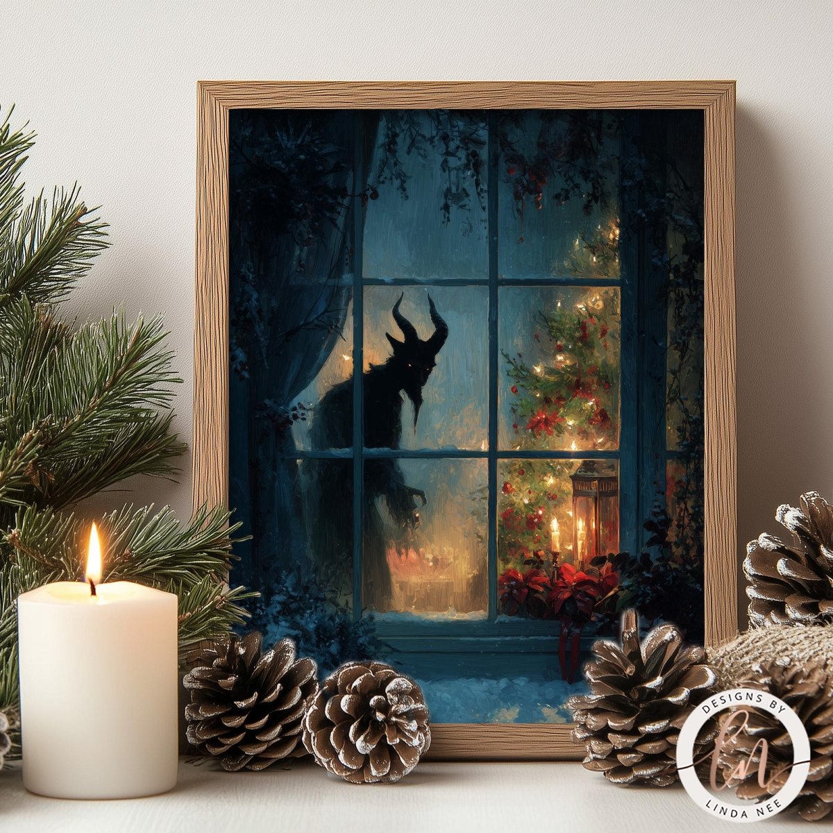 a framed painting depicting a dark, ominous figure standing in a window, with a lit candle and pine cones arranged on a table in front of the painting.