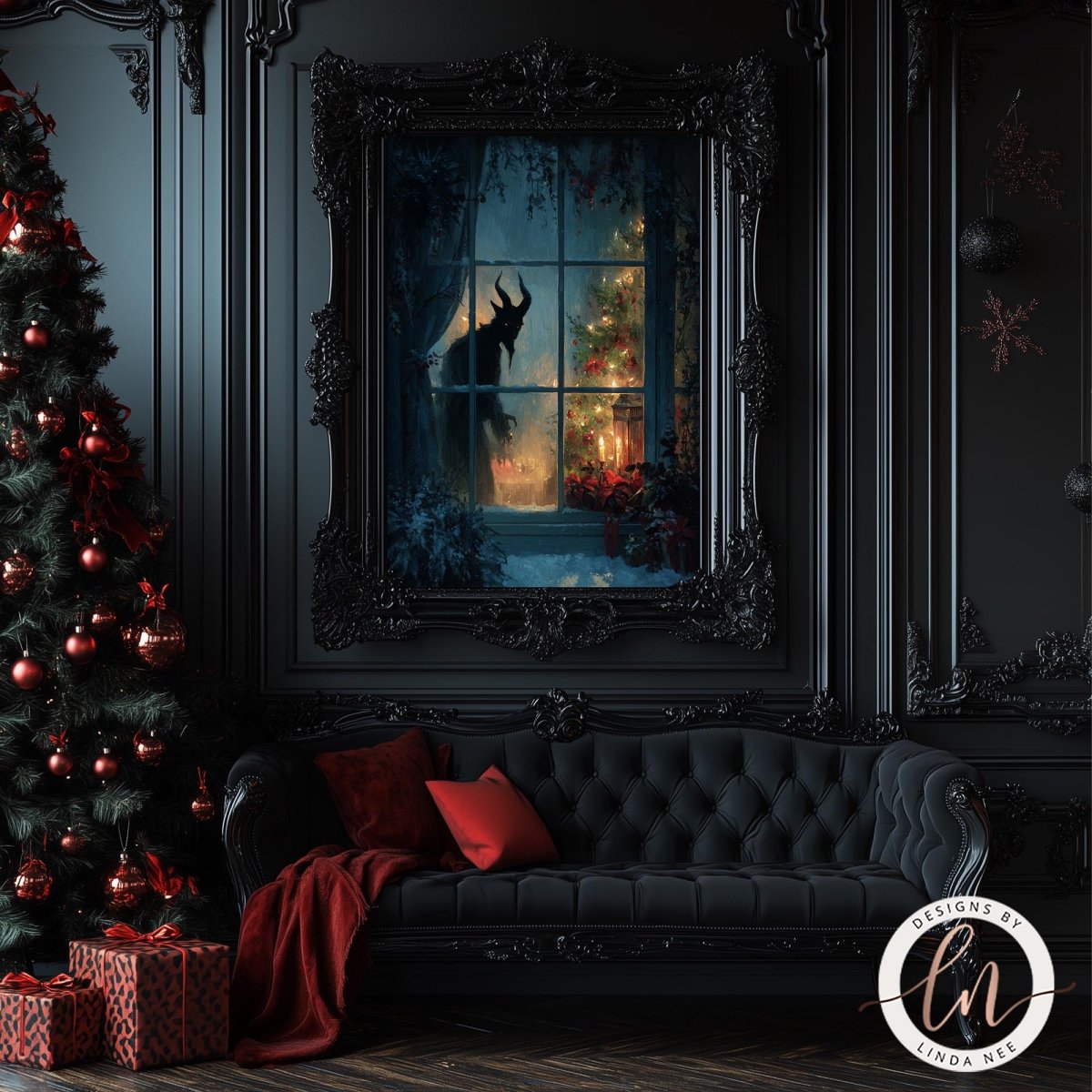 a dark, ornate room with a large, ornate mirror on the wall, a Christmas tree, and a black tufted sofa.