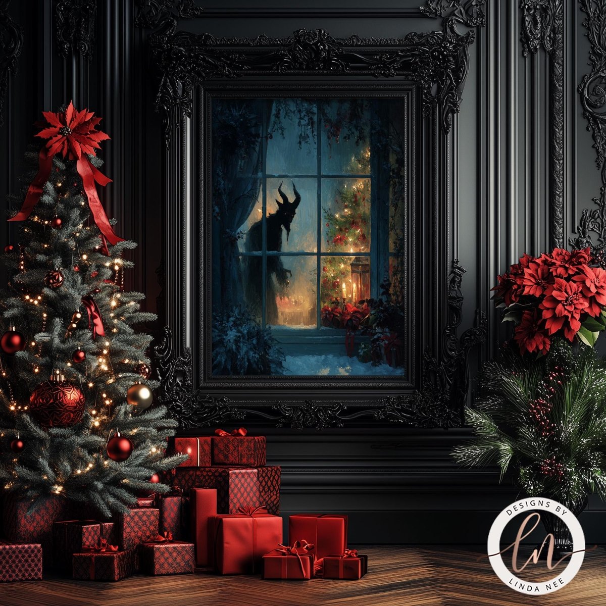 a festive Christmas scene with a beautifully decorated Christmas tree, a large framed painting of a window with a ghost, and a pile of wrapped presents.