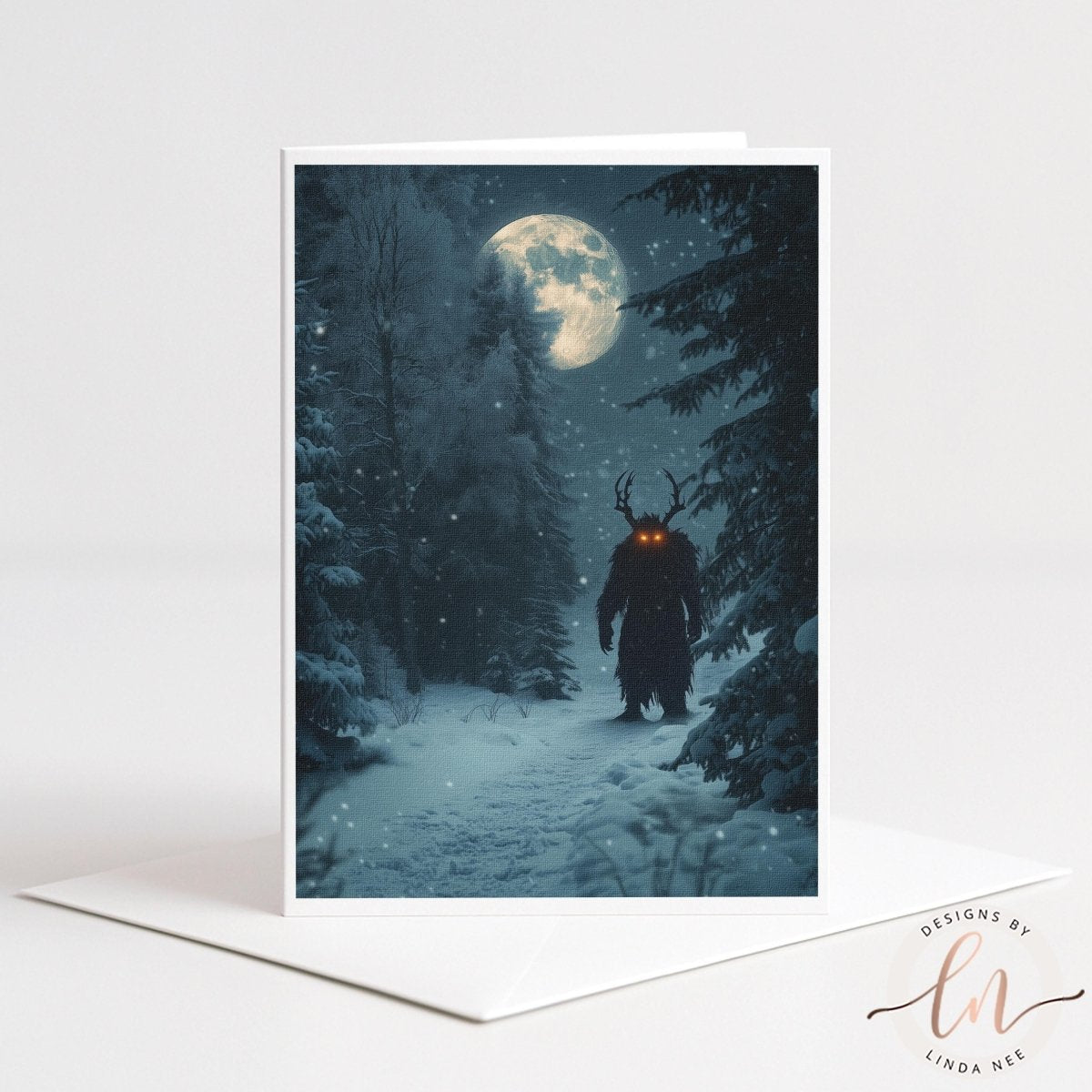 A dark figure with glowing red eyes stands in a snowy forest under a full moon, creating an eerie and mysterious atmosphere.