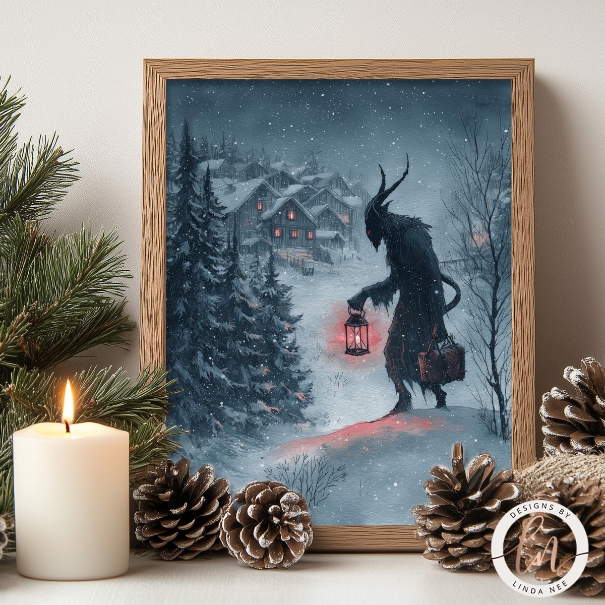 a dark, ominous figure walking through a snowy village, carrying a lantern and accompanied by pine cones.