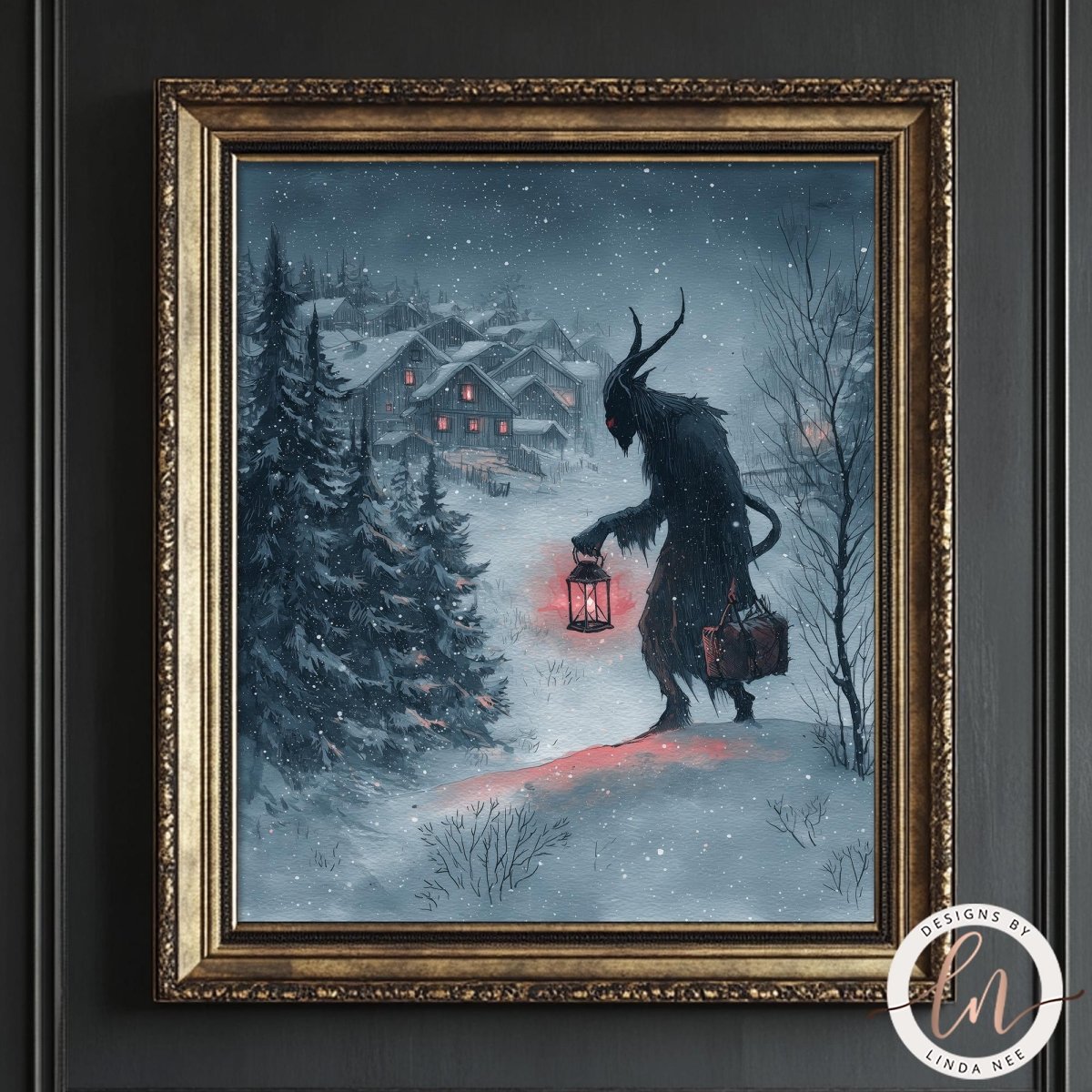 A dark, ominous figure with horns and a glowing red lantern stands in a snowy landscape, with a village in the background.