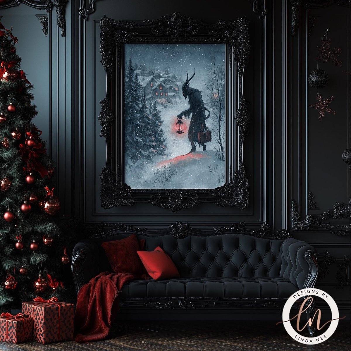a dark, gothic-themed room with a large, ornate painting of a figure in a snowy landscape hanging on the wall. The room also includes a couch, a Christmas tree, and some presents, creating a festive atmosphere.