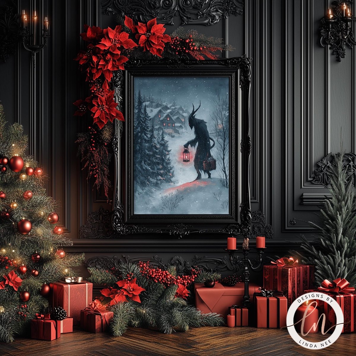 a dark, gothic-themed Christmas scene with a framed painting of a figure in a black outfit holding a lantern, surrounded by red poinsettias, red presents, and a Christmas tree.