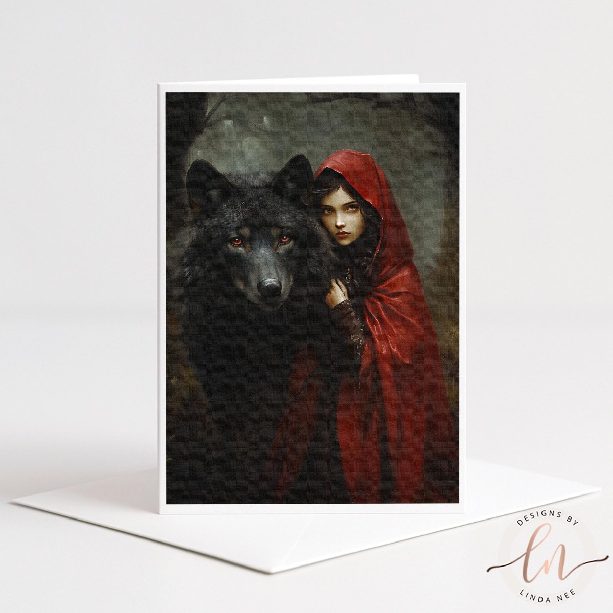 A woman in a red hooded cloak stands next to a black wolf in a forest setting.