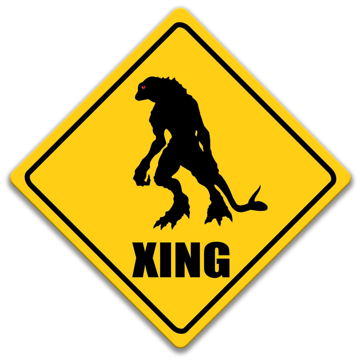 Lizard Man crossing caution sign, yellow diamond road sign with black reptilian humanoid silhouette and XING lettering