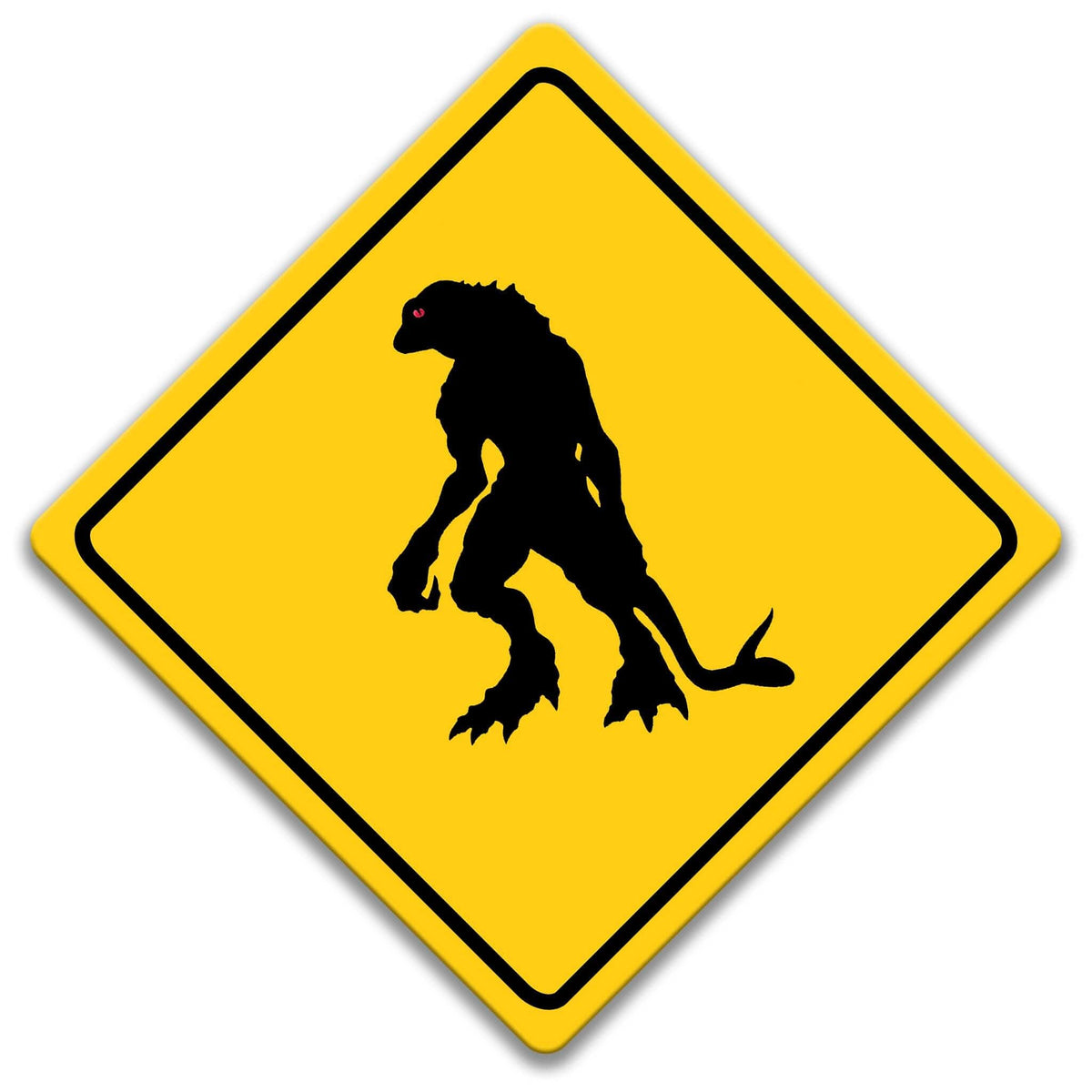 Lizard Man crossing caution sign, yellow diamond road sign with black reptilian humanoid silhouette