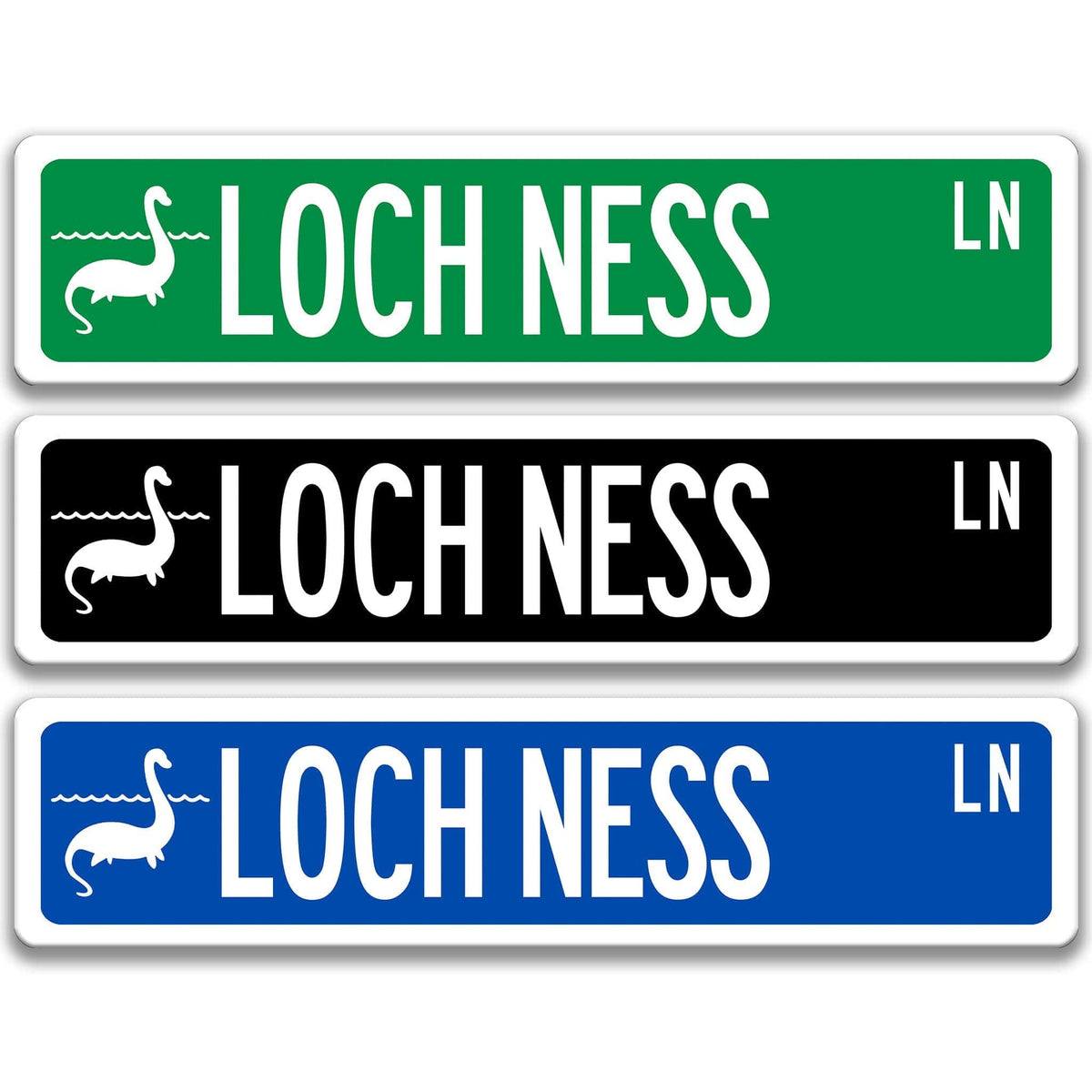 Loch Ness Monster street name sign shown in three aluminum color options