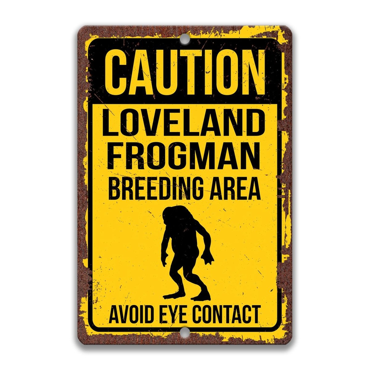 Yellow “Caution Loveland Frogman Breeding Area” metal sign with distressed vintage style, silhouette frogman graphic, wall décor.