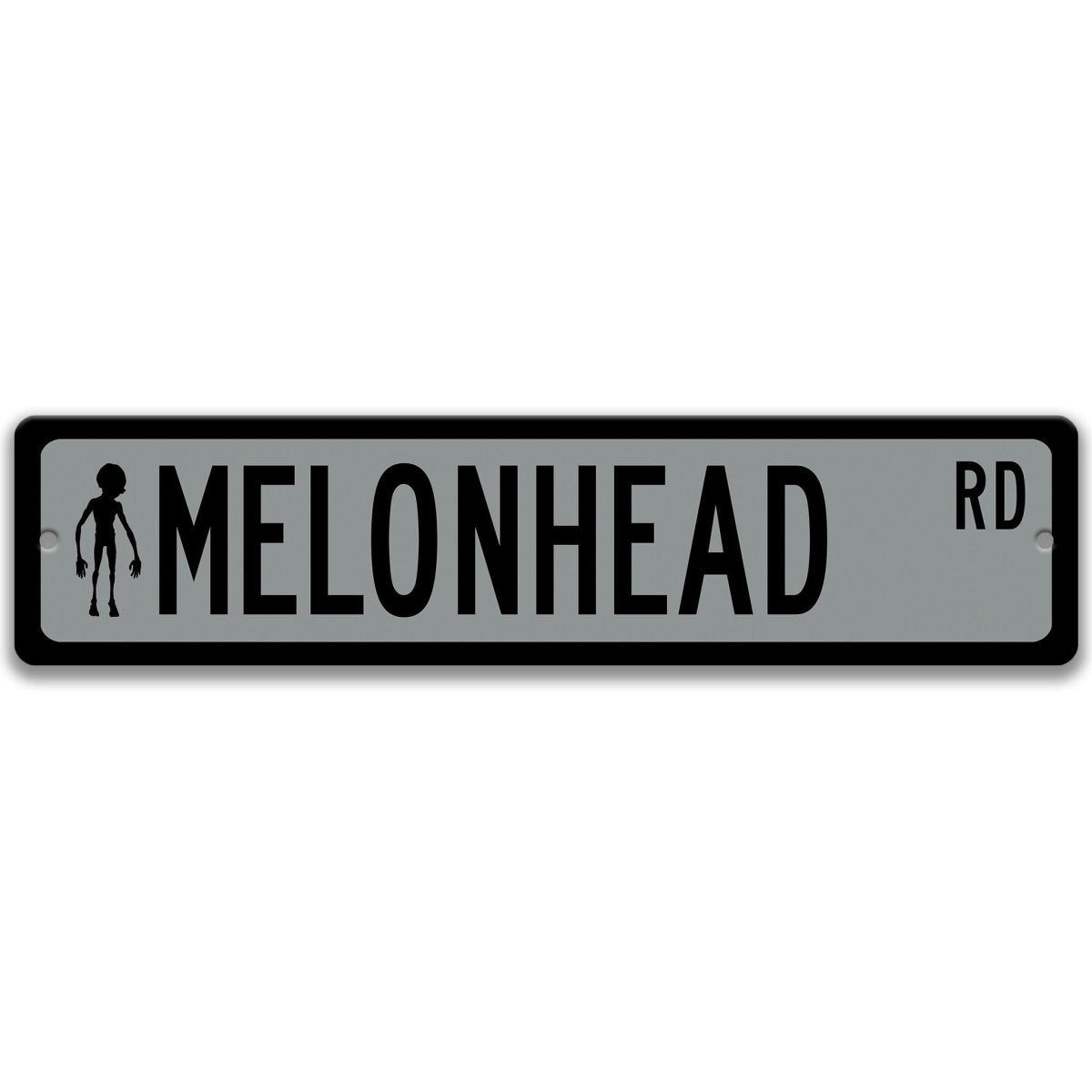 Gray Melonhead DR aluminum street sign with black lettering, lettering paired with a small melonhead cryptid figure