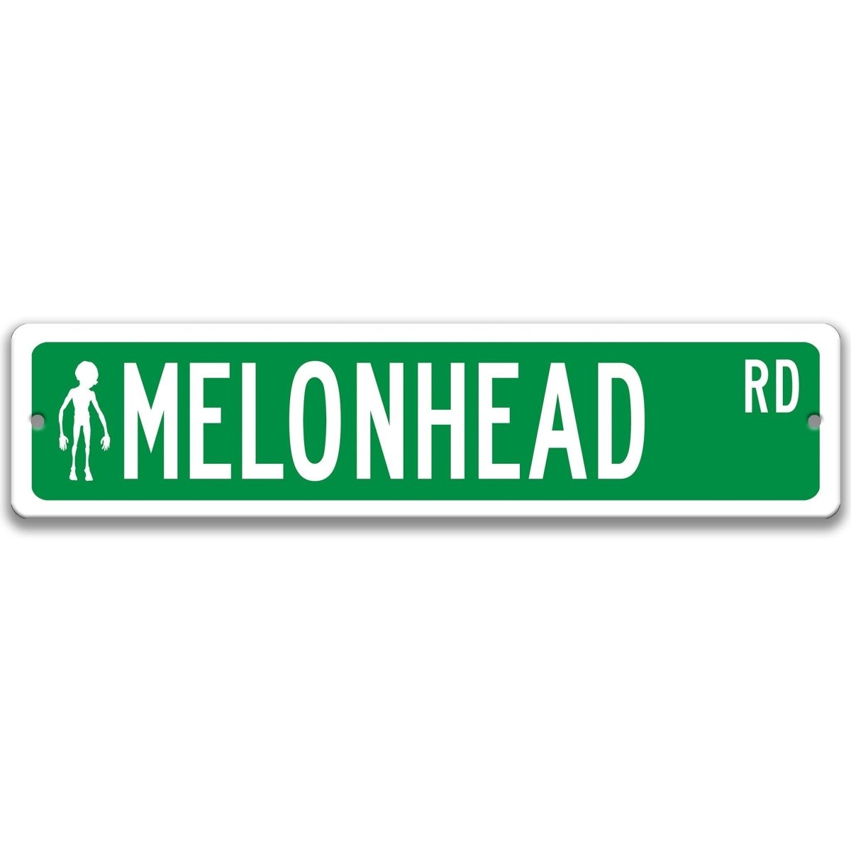 Green Melonhead DR aluminum street sign with white lettering, lettering paired with a small melonhead cryptid figure