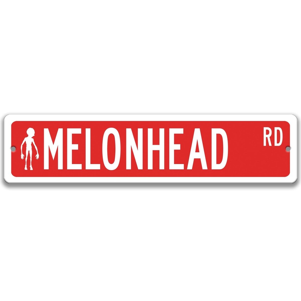 Red Melonhead DR aluminum street sign with white lettering, lettering paired with a small melonhead cryptid figure