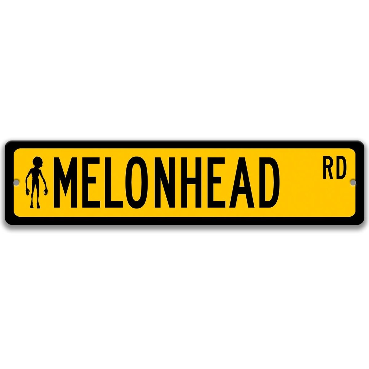 Yellow Melonhead DR aluminum street sign with black lettering, lettering paired with a small melonhead cryptid figure