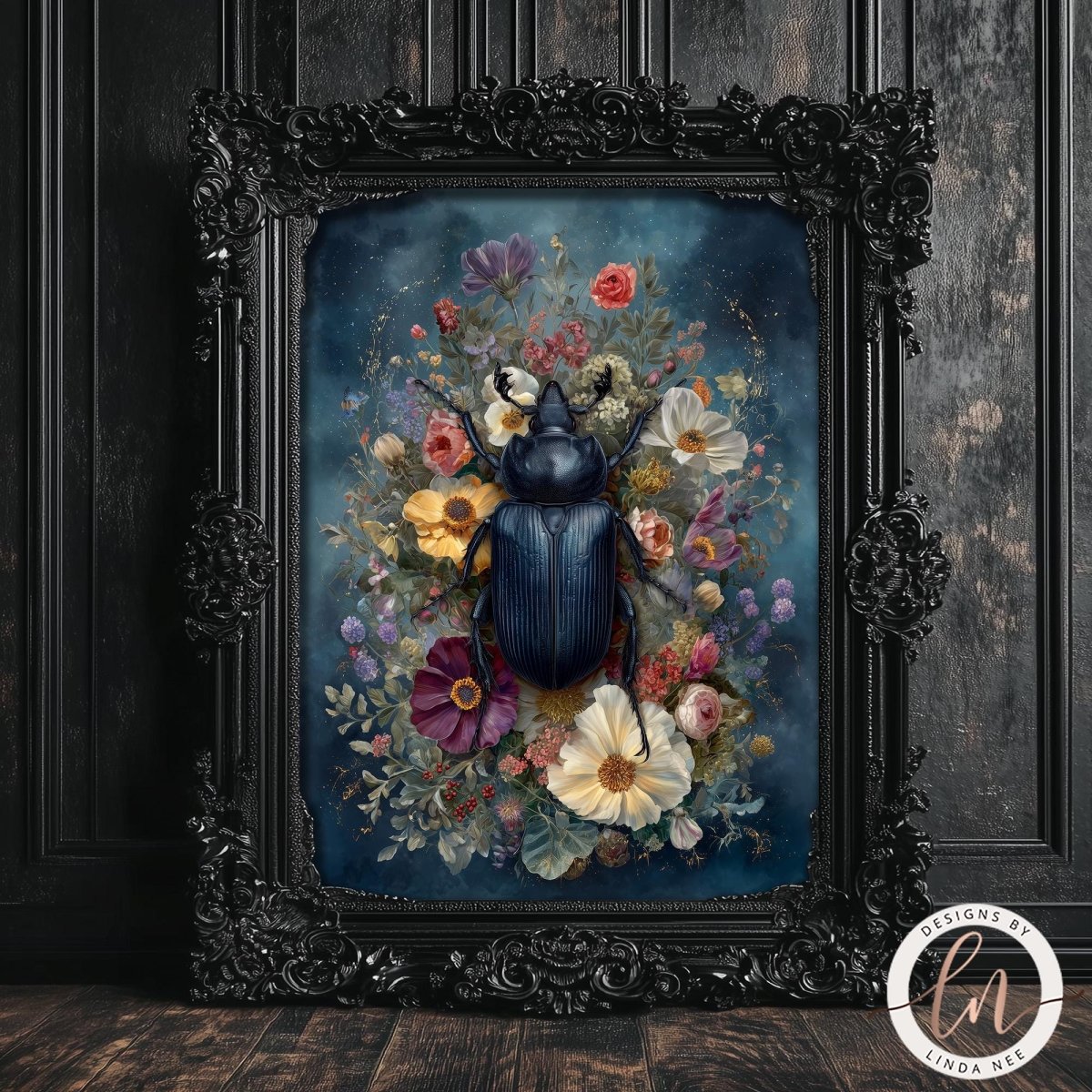 a large, detailed painting of a blue beetle surrounded by a vibrant floral arrangement.