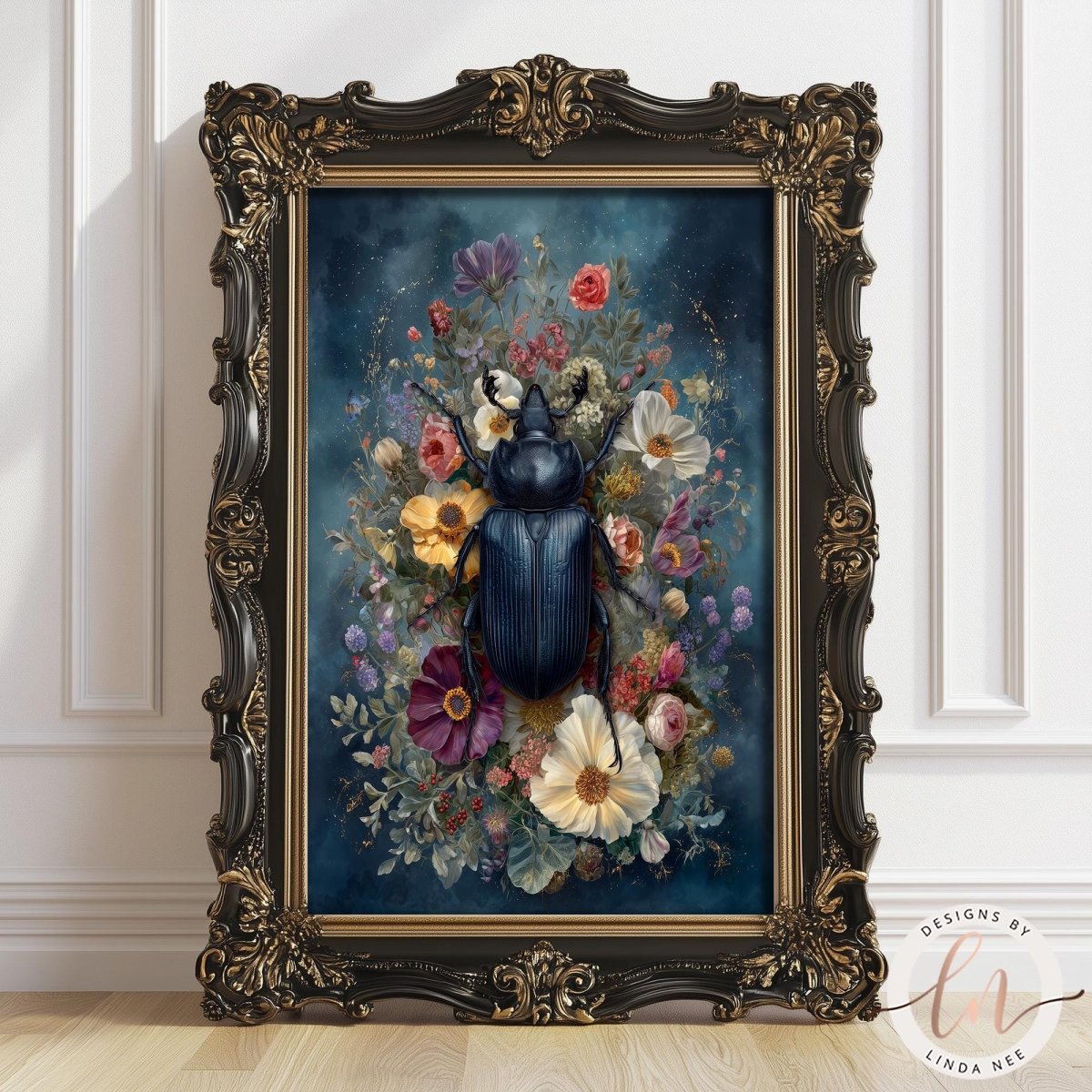 a large, ornate frame containing a vibrant floral arrangement with a large blue beetle as the central focus.