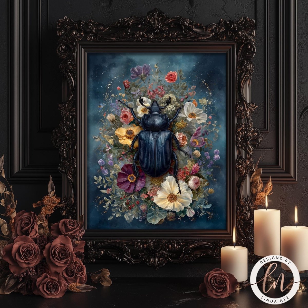 a framed painting of a large blue beetle surrounded by a vibrant floral arrangement, with candles and roses in the foreground.