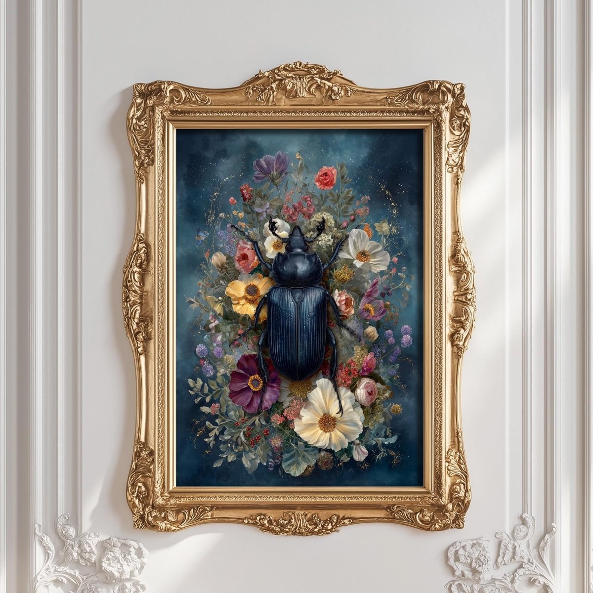 a large, ornate gold frame with a painting of a blue beetle surrounded by a vibrant floral arrangement.