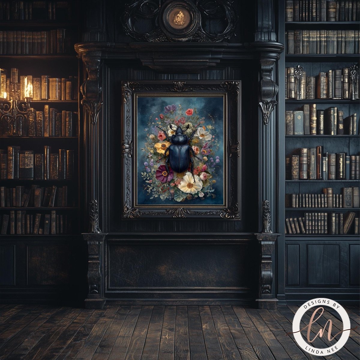 a dark, ornate room with a large bookshelf filled with books, a framed painting of a blue beetle on the wall, and a wooden floor.