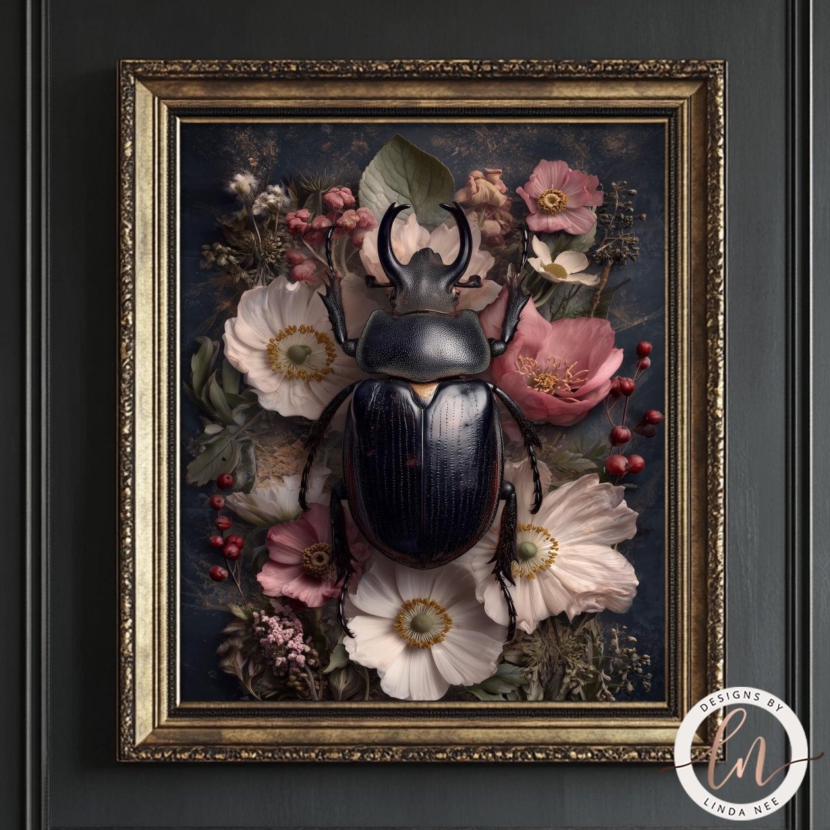 a large, dark-colored beetle surrounded by a variety of colorful flowers and foliage.