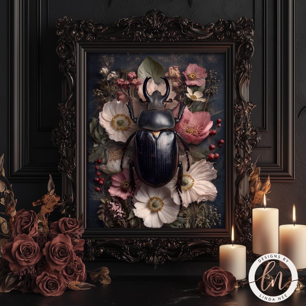 a framed artwork of a large black beetle surrounded by a floral arrangement, with candles and roses in the foreground.