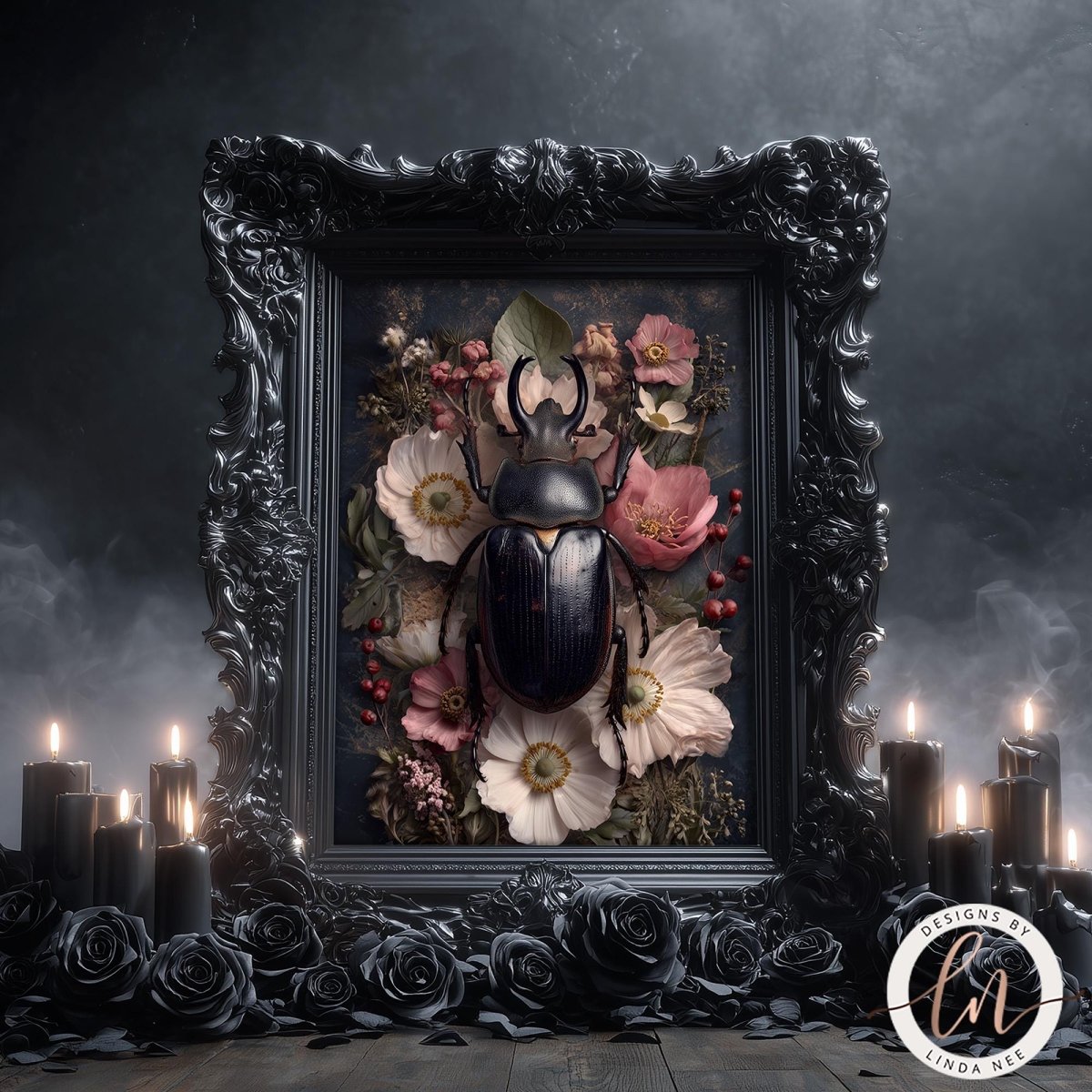 a large, ornate frame with a black background, containing a detailed arrangement of flowers and a large black beetle. Surrounding the frame are candles, creating a dark and mysterious atmosphere.