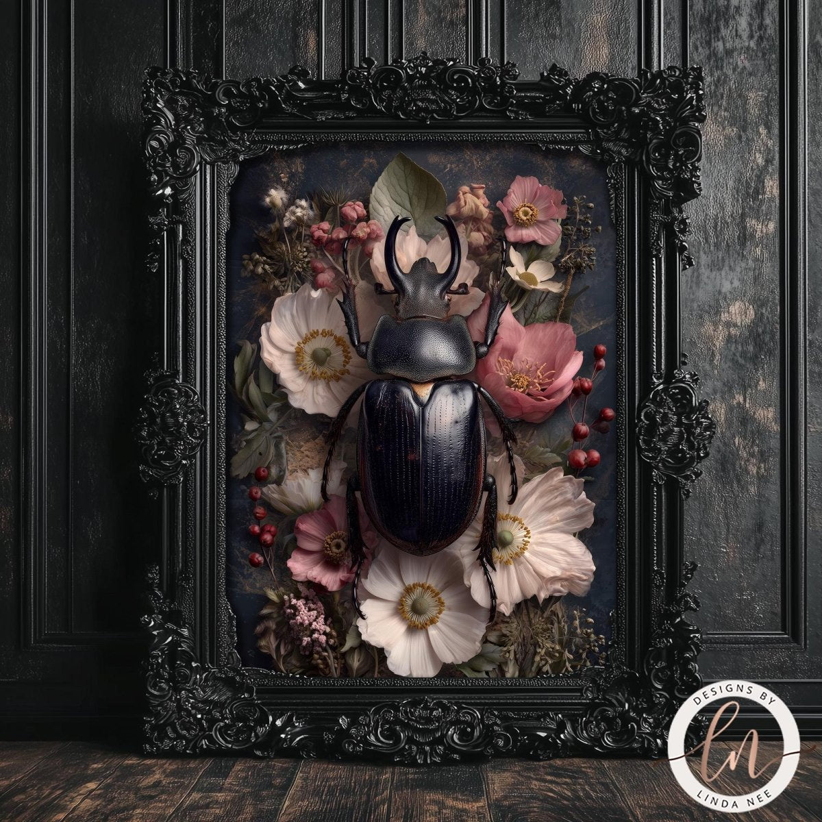 a large, detailed black beetle surrounded by a vibrant floral arrangement, including white and pink flowers, red berries, and green leaves. The scene is framed in an ornate black frame, which enhances the visual impact of the composition.