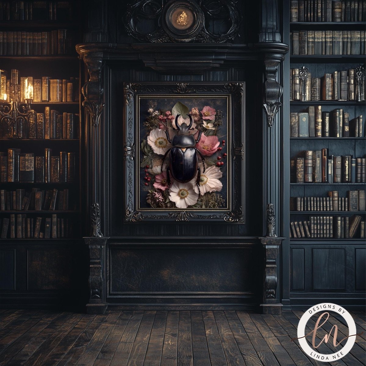 a dark, ornate room with a large bookshelf filled with books. The focal point of the room is a framed painting of a large black beetle surrounded by flowers and foliage.