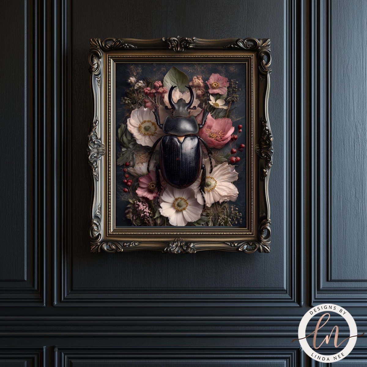 a large, ornate frame containing a detailed painting of a black beetle surrounded by pink and white flowers.