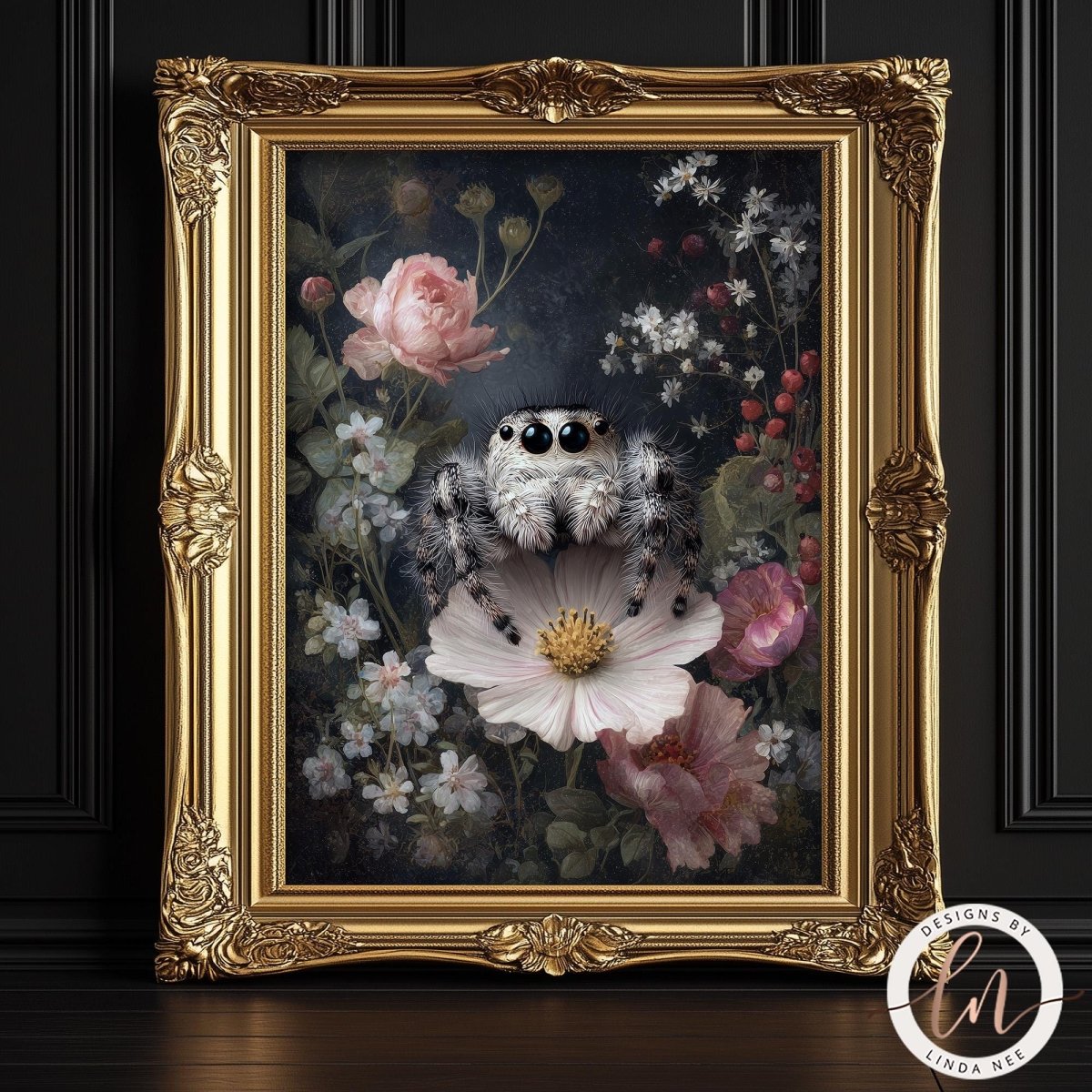 A framed painting depicting a spider sitting on a flower, surrounded by various flowers and foliage.