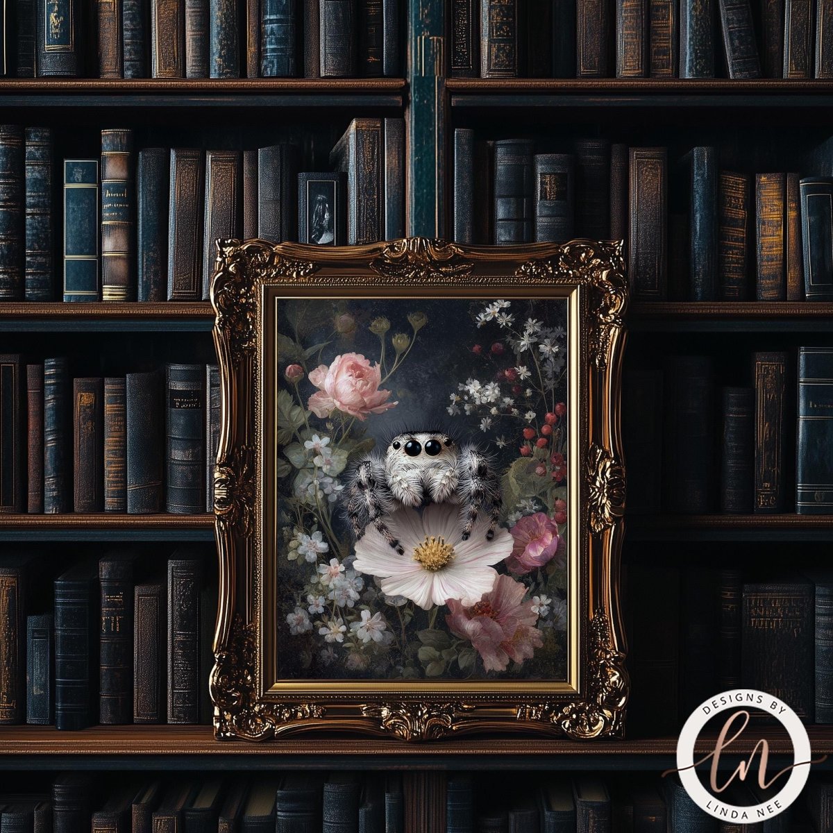 a spider with a flower in its web, set against a dark background with a bookshelf filled with books.