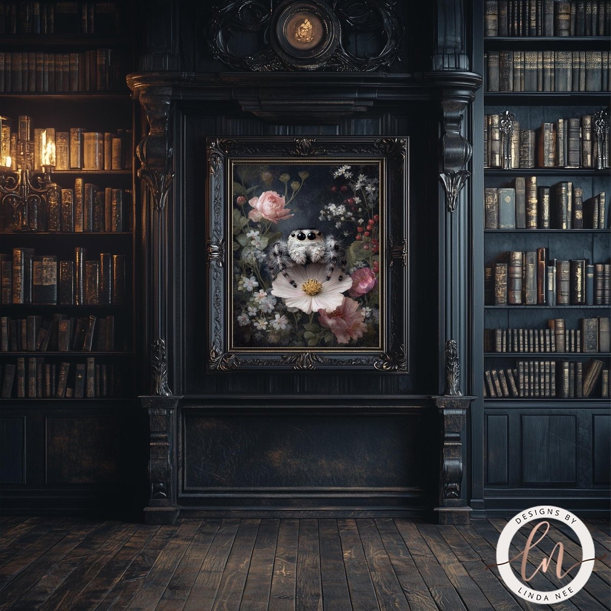 a dark, ornate room with a large bookshelf filled with books, a framed painting of flowers, and a chandelier hanging from the ceiling.