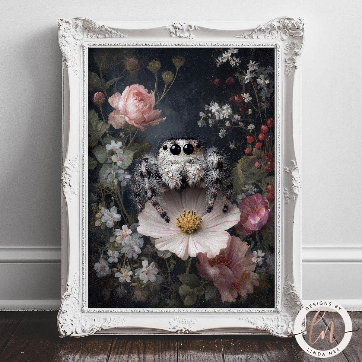 A framed painting depicting a spider sitting on a flower surrounded by various flowers and plants.