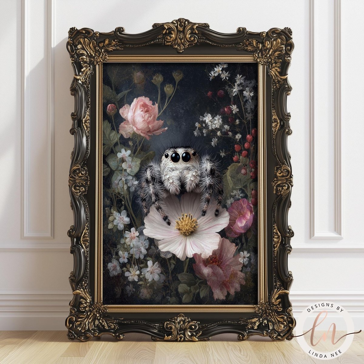 a painting of a spider sitting on a flower, surrounded by various flowers and plants. The painting is framed in an ornate, gilded frame and is displayed on a white wall.