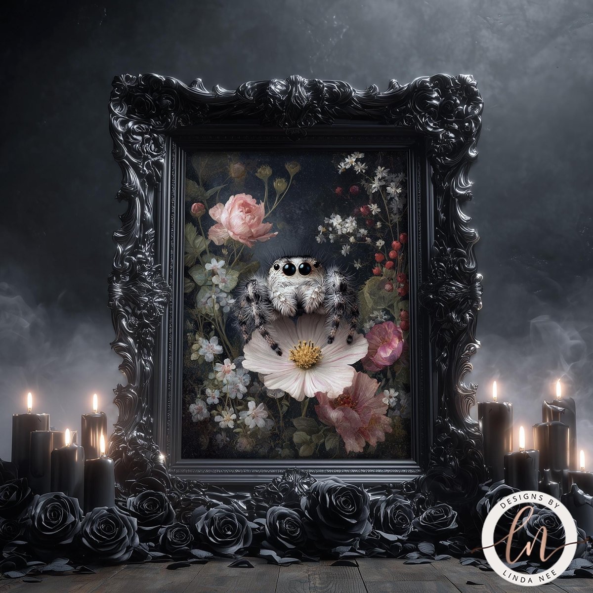 a black ornate frame with a floral painting of a spider on a flower, surrounded by candles and roses, creating a dark and mysterious atmosphere.