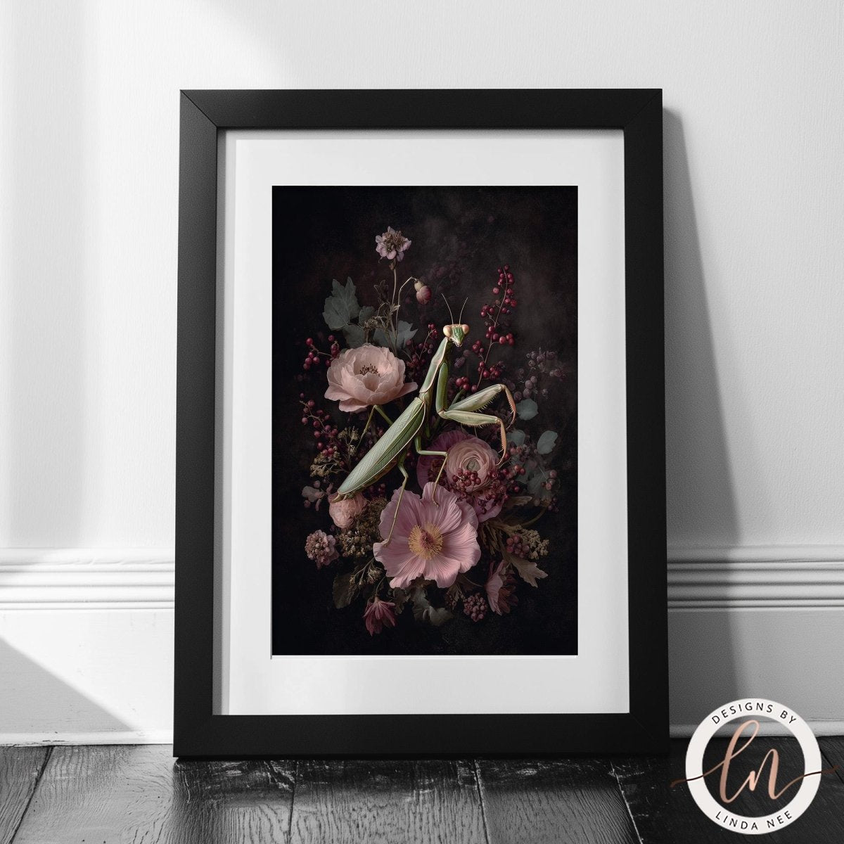 A framed print of a floral arrangement featuring a mantis and various pink and purple flowers.