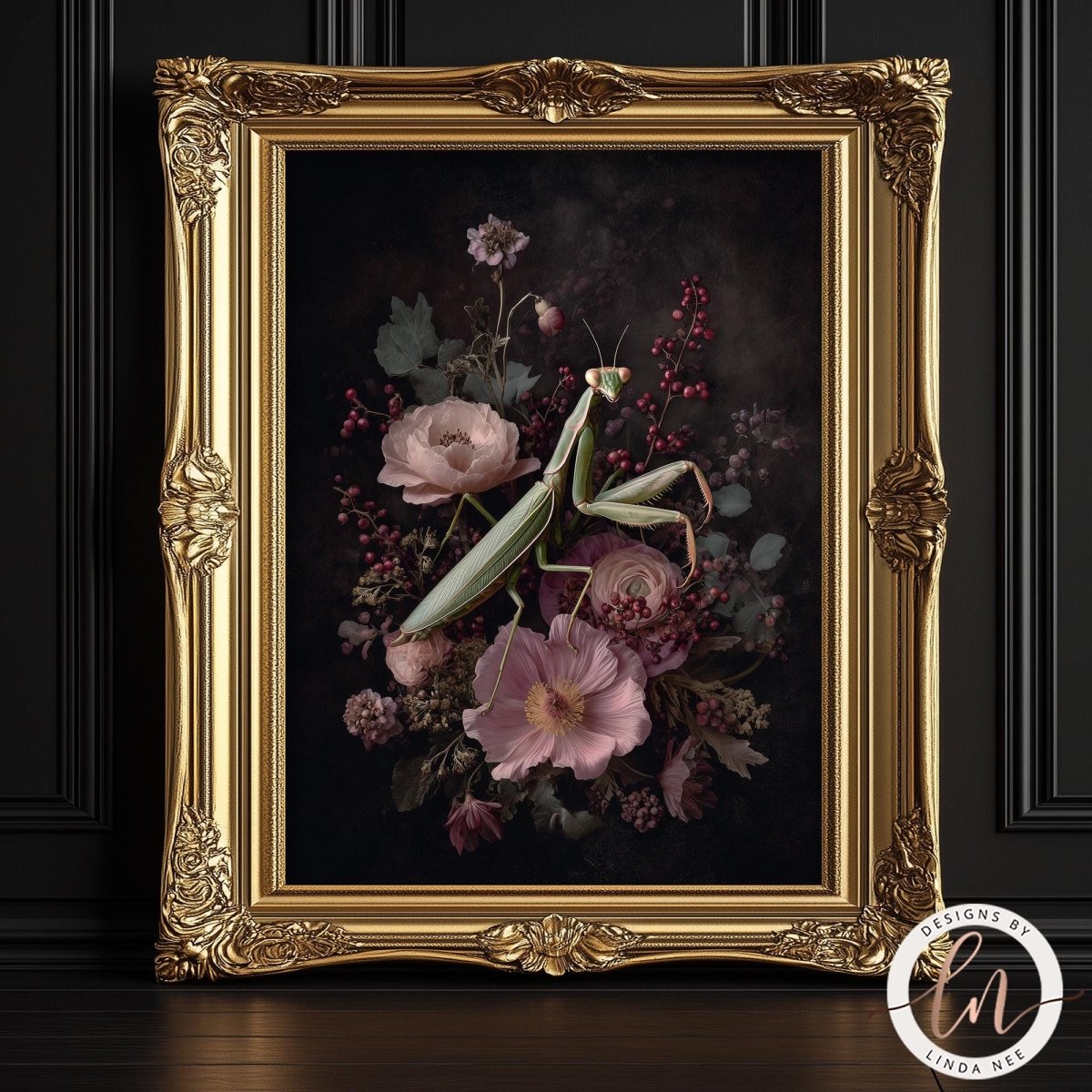 a framed painting of a mantis surrounded by a floral arrangement, including pink and purple flowers, against a dark background.
