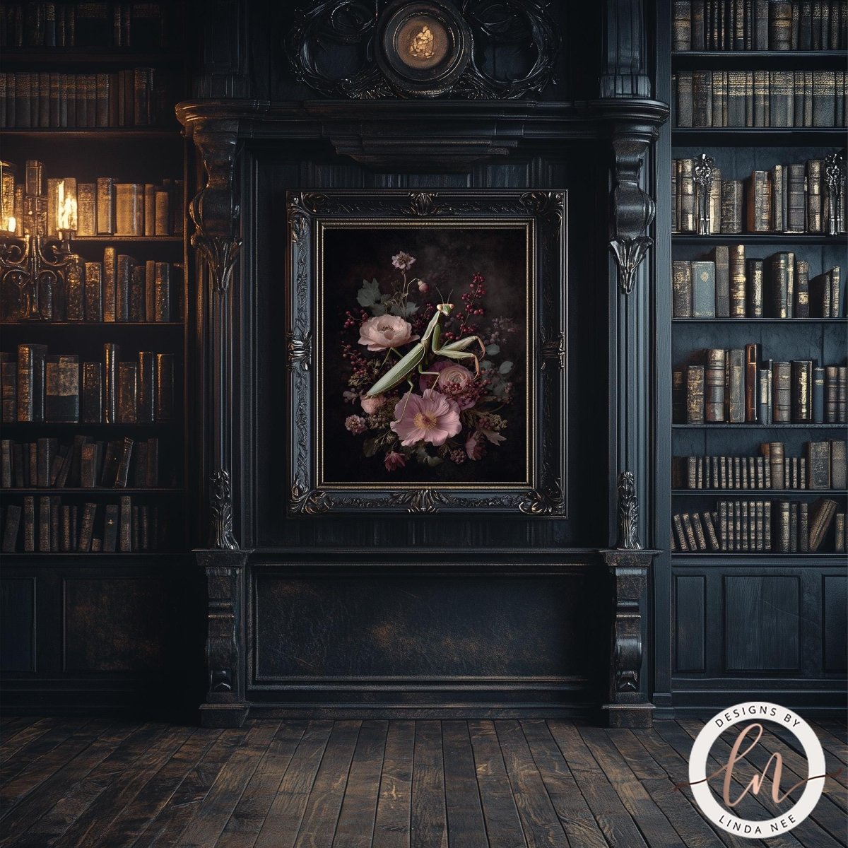 a dark, ornate room with a large bookshelf filled with books, a framed painting of flowers hanging on the wall, and a chandelier hanging from the ceiling.