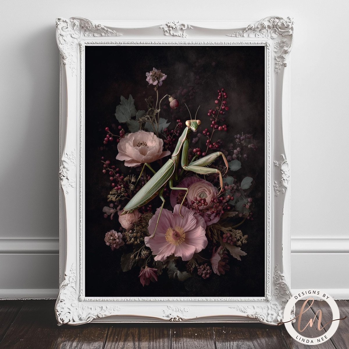 A framed print depicting a mantis surrounded by a floral arrangement of pink and purple flowers, with a dark background.
