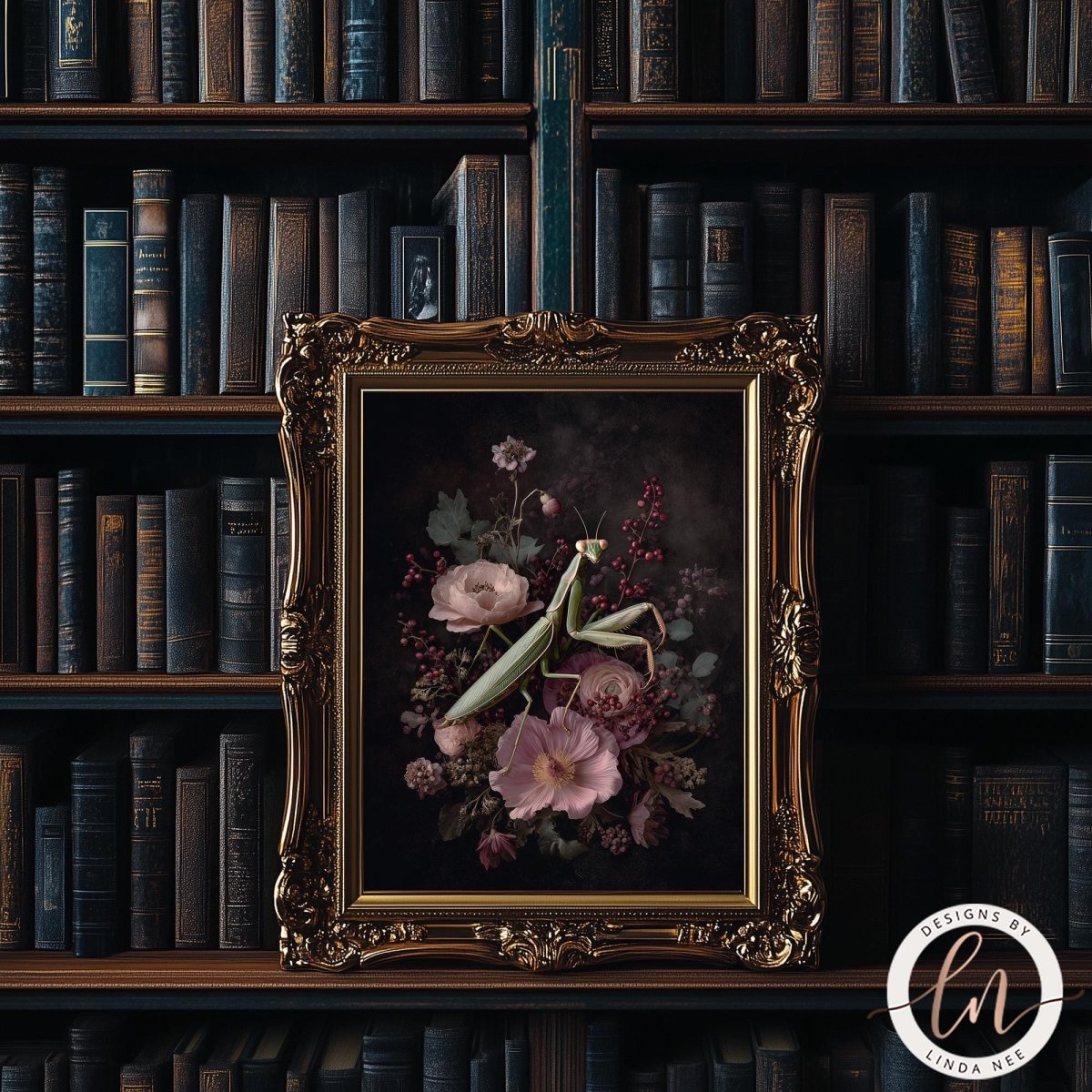 a framed painting of a mantis surrounded by flowers, set against a dark background with a bookshelf in the background.