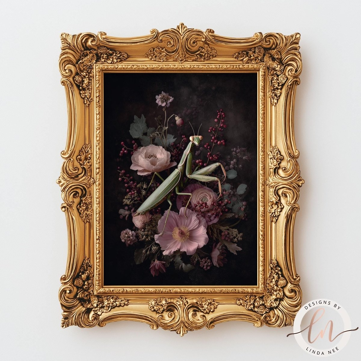 a framed painting of a green mantis surrounded by pink flowers and green leaves, set within an ornate gold frame.